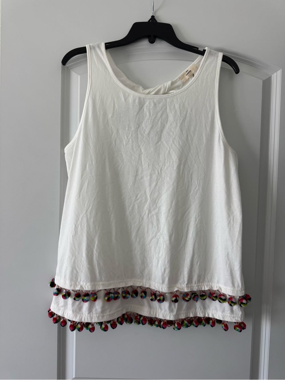 Entro White Pom Pom Fringe Layered Tank Top Boho Keyhole Back Size L